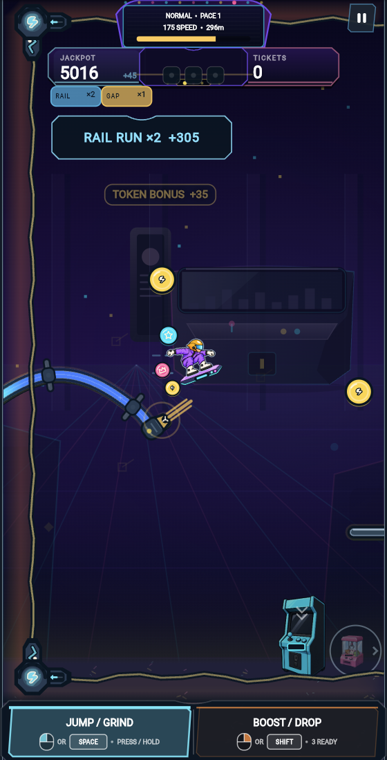Arcade gameplay: the rider launches from a painted rail with tokens and arcade targets nearby