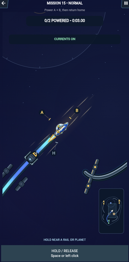 Missions gameplay: the ship launches from a painted rail beside rotating gates